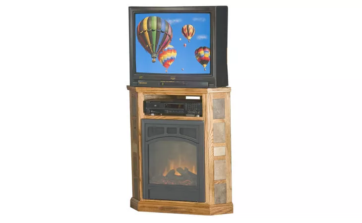  32 CORNER ENTERTAINMENT CONSOLE WITH FIREPLACE, (CORNER OUT 22 3 4), OPEN STORAGE ABOVE FIREPLACE, TILED SIDES, PLAIN BASE*GLASS*NG*FINSISH*CC, DK, LT, MD, SO, UN, CR, CM EAGLE  53724