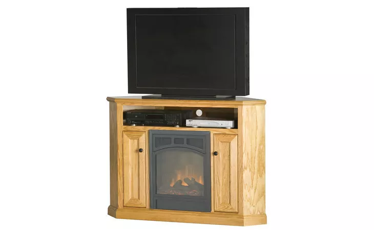  50 CORNER ENTERTAINMENT CONSOLE WITH FIREPLACE, (CORNER OUT 35 1 2), OPEN STORAGE ABOVE FIREPLACE, 2 BEAD BOARD DOORS, 2 FIXED WOOD SHELVES, PLAIN BASE*GLASS*NG*FINSISH*CC, DK, LT, MD, SO, UN, CR, CM EAGLE  53740
