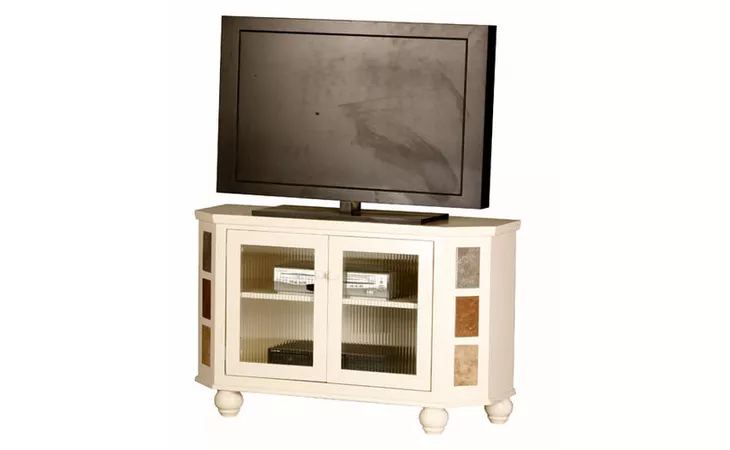  45 ENTERTAINMENT CONSOLE, 2 GLASS DOORS, 1 FIXED WOOD SHELF, TILE ACCENTS, BUN FOOT BASE*GLASS*PL, SD*FINSISH*BK, CC, CO, CM, CR, EC, GO, HG, IV, SW, UN, WH EAGLE  62142