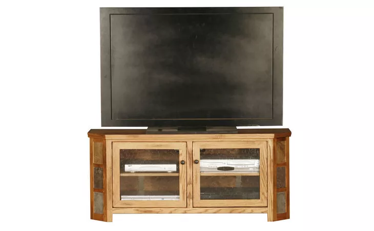  57 ENTERTAINMENT CONSOLE, 2 GLASS DOORS, 1 FIXED WOOD SHELF, TILE ACCENTS, PLAIN BASE*GLASS*PL, SD*FINSISH*CC, DK, LT, MD, SO, UN, CR, CM EAGLE  63555