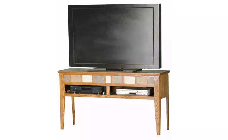  56 OPEN ENTERTAINMENT CONSOLE, TILE ACCENTS, STRAIGHT LEG BASE*GLASS*NG*FINSISH*CC, DK, LT, MD, SO, UN, CR, CM EAGLE  63655