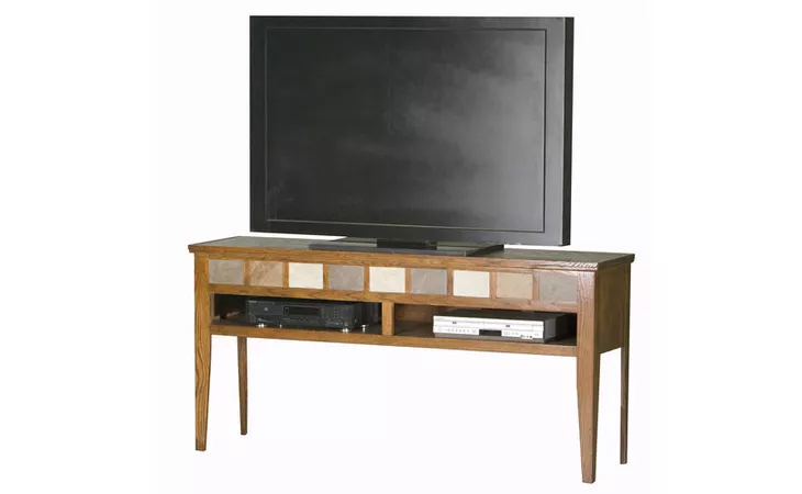  65 OPEN ENTERTAINMENT CONSOLE, TILE ACCENTS, STRAIGHT LEG BASE*GLASS*NG*FINSISH*CC, DK, LT, MD, SO, UN, CR, CM EAGLE  63662
