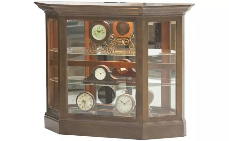 48332 SHORT ANGLED CURIO, 2 PLAIN GLASS SIDE ENTRY DOORS, MIRROR BACK, GLASS SHELVES, BUN FOOT BASE*GLASS*PL*FINSISH*BK, CC, CO, CM, CR, EC, GO, HG, IV, SW, UN, WH EAGLE  48332