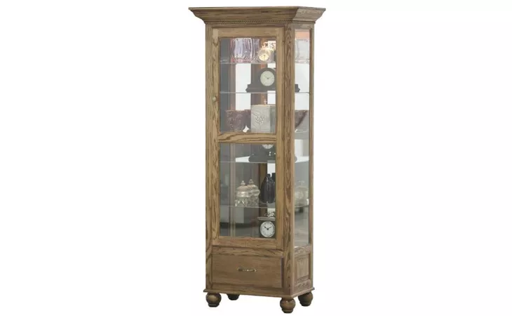 49115 TALL LIGHTED CURIO, 1 PLAIN GLASS DOOR, 1 DRAWER, MIRROR BACK, GLASS SHELVES, BUN FOOT BASE*GLASS*PL*FINSISH*CC, DK, LT, MD, SO, UN, CR, CM EAGLE  49115