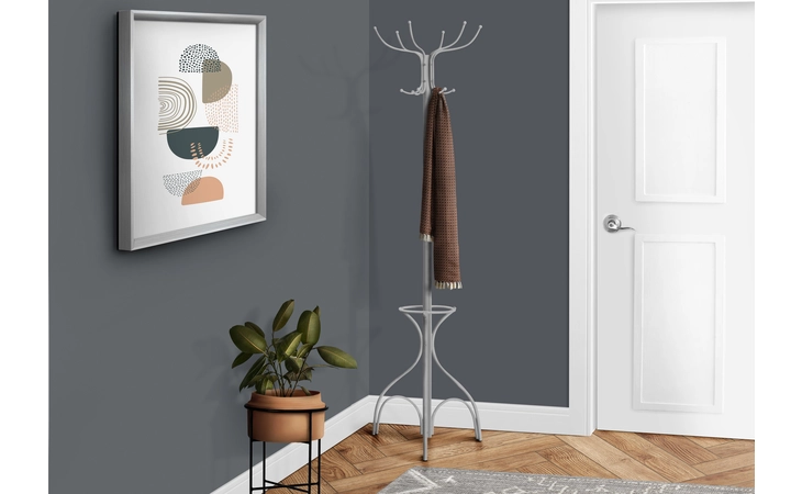 I2032  COAT RACK - 70 H - SILVER METAL WITH AN UMBRELLA HOLDER