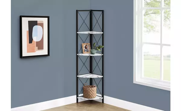 bookcase - 60 h - white marble - black metal corner by monarch specialties