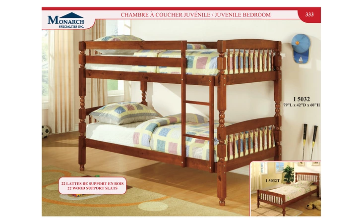 I5032  MEDIUM BROWN SOLID WOOD TWIN TWIN BUNKBED WITH LADDER 
 PG333