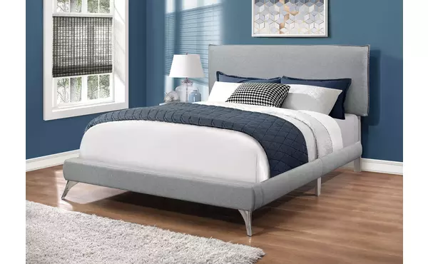 bed - queen size - grey linen with chrome legs by monarch specialties