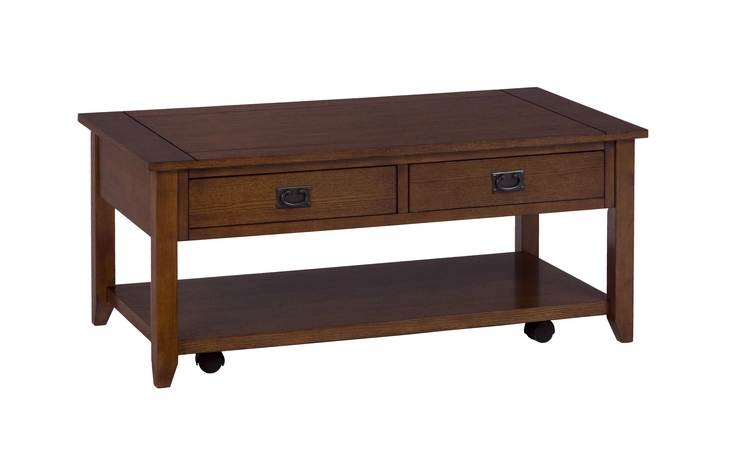 1032-1 MISSION FINISH COFFEE TABLE W/2 PULL-THRU DRAWERS, SHELF -  CASTERED MISSION FINISH