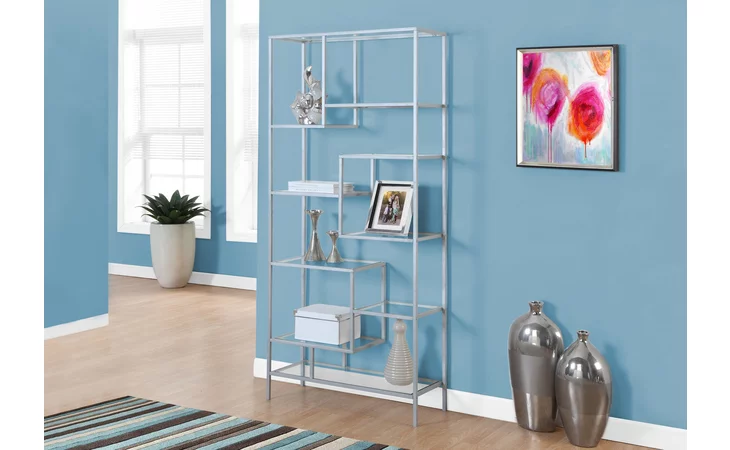 I7158 BOOKCASE - 72 H - SILVER METAL WITH TEMPERED GLASS MONARCH SPECIALTIES  I7158