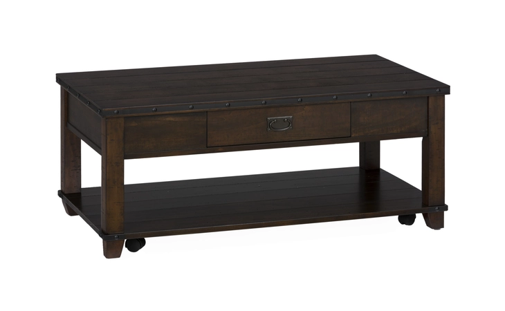561-1 CASSIDY BROWN FINISH PLANK TOP COCKTAIL W PULL THRU DRAWER, SHELF - CASTERED