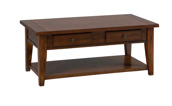 443-1 CLAY COUNTY OAK FINISH DOUBLE HEADER COFFEE TABLE W 4 DRAWERS, SHELF - CASTERED