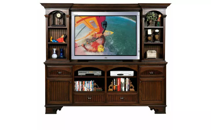 16089  90 ENTERTAINMENT CONSOLE, 2 DOORS, 2 ADJUSTABLE WOOD SHELVES, 4 DRAWERS, 2 FIXED WOOD SHELVES, CROWN MOLDING, ROPE MOLDING, BEAD BOARD DETAILING, S-BASE*GLASS*NG*FINSISH*CC, CM, CO, CR, EC, GO, HG, IV, UN, BK, SW, WH