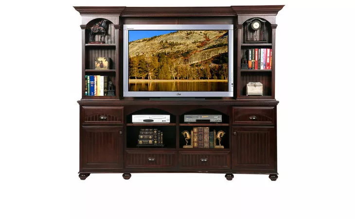 16189  90 ENTERTAINMENT CONSOLE, 2 DOORS, 2 ADJUSTABLE WOOD SHELVES, 4 DRAWERS, 2 FIXED WOOD SHELVES, CROWN MOLDING, ROPE MOLDING, BEAD BOARD DETAILING, S-BASE*GLASS*NG*FINSISH*BK, CC, CO, CM, CR, EC, GO, HG, IV, SW, UN, WH