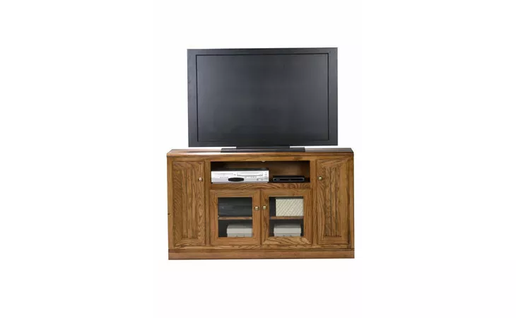 47555 55 ENTERTAINMENT CONSOLE, 2 PLAIN GLASS DOORS, 1 FIXED WOOD SHELF, 2 BEAD BOARD DOORS, 2 FIXED WOOD SHELVES, DECORATIVE MOLDING, PLAIN BASE*GLASS*PL*FINSISH*CC, DK, LT, MD, SO, UN, CR, CM EAGLE  47555
