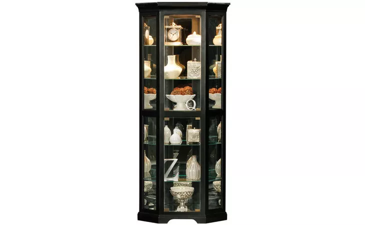 92718  TALL LIGHTED CORNER CURIO, (CORNER OUT 21 1 2), 2 MAGNETIC TOUCH-LATCH DOORS, 5 ADJUSTABLE GLASS SHELVES, MIRROR BACK, MIRROR BOTTOM, DECORATIVE MOLDING, PLAIN BASE*GLASS*PL*FINSISH*BK, SW, WH