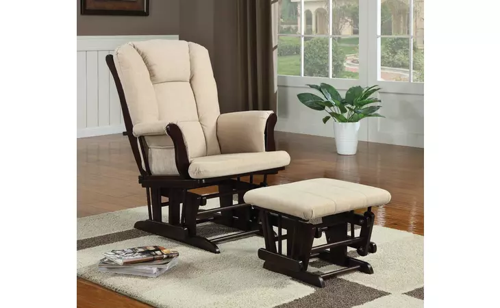 650011  UPHOLSTERED GLIDER WITH OTTOMAN BEIGE AND ESPRESSO