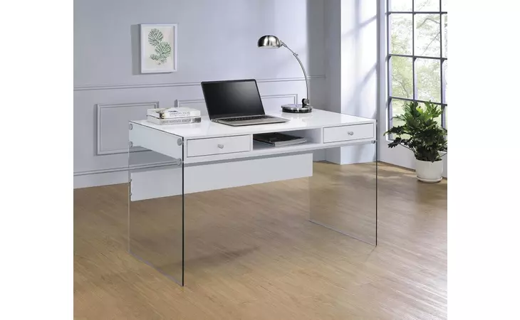 800829  DOBREV 2-DRAWER WRITING DESK GLOSSY WHITE AND CLEAR